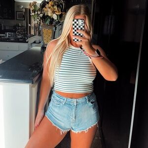 Cream and blue striped high neck cropped top